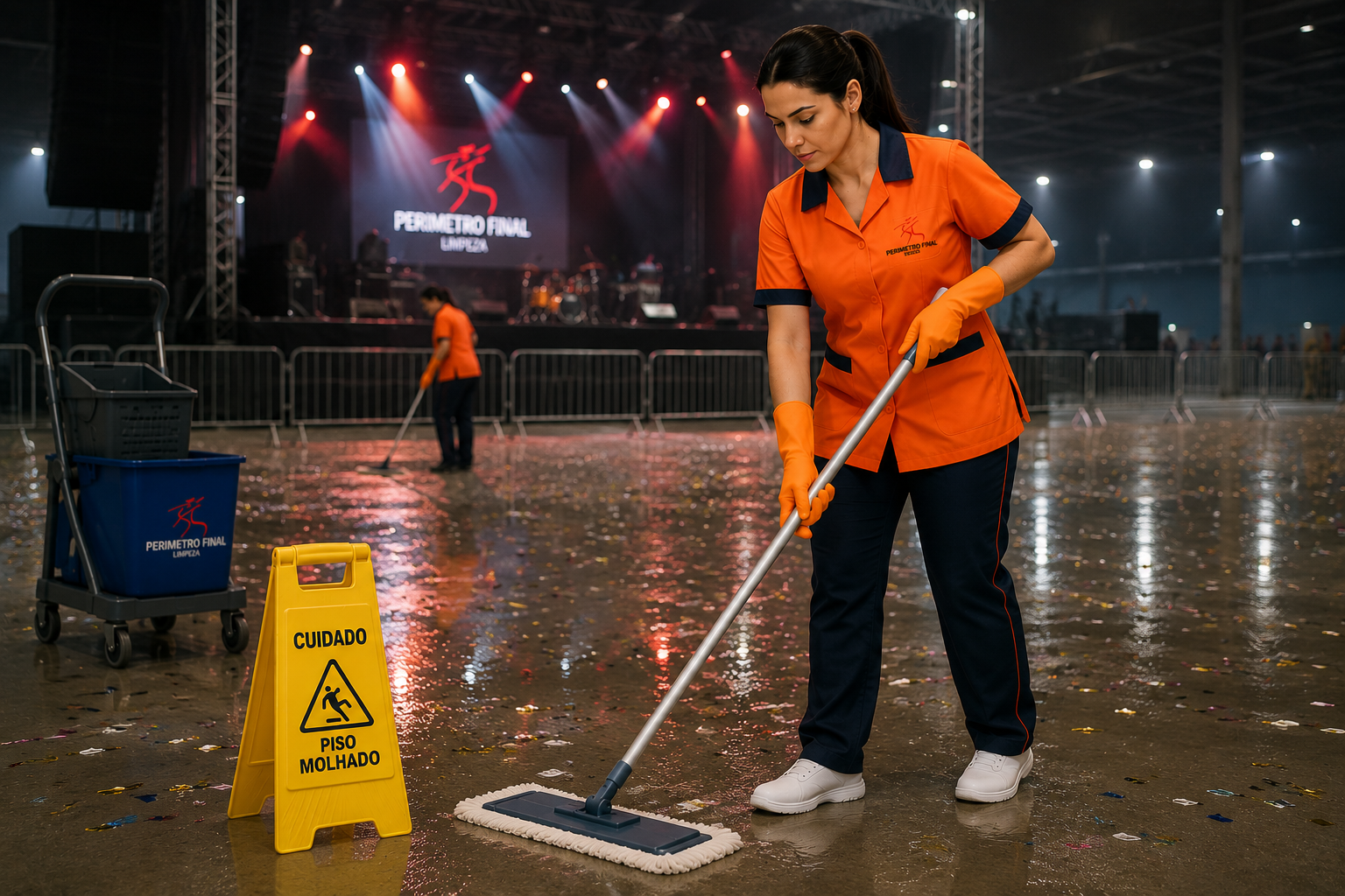 Profissional da Perímetro Final a realizar limpeza de um evento