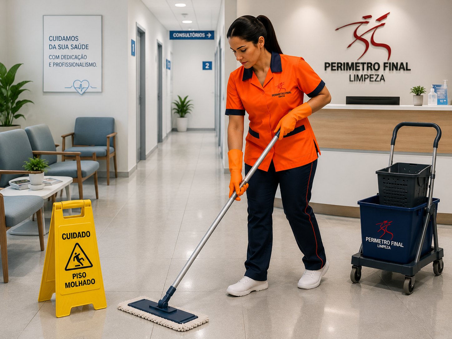 Profissional da Perímetro Final a realizar limpeza num corredor de clínica
